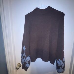 Brown and blue puff sleeve floral sweater